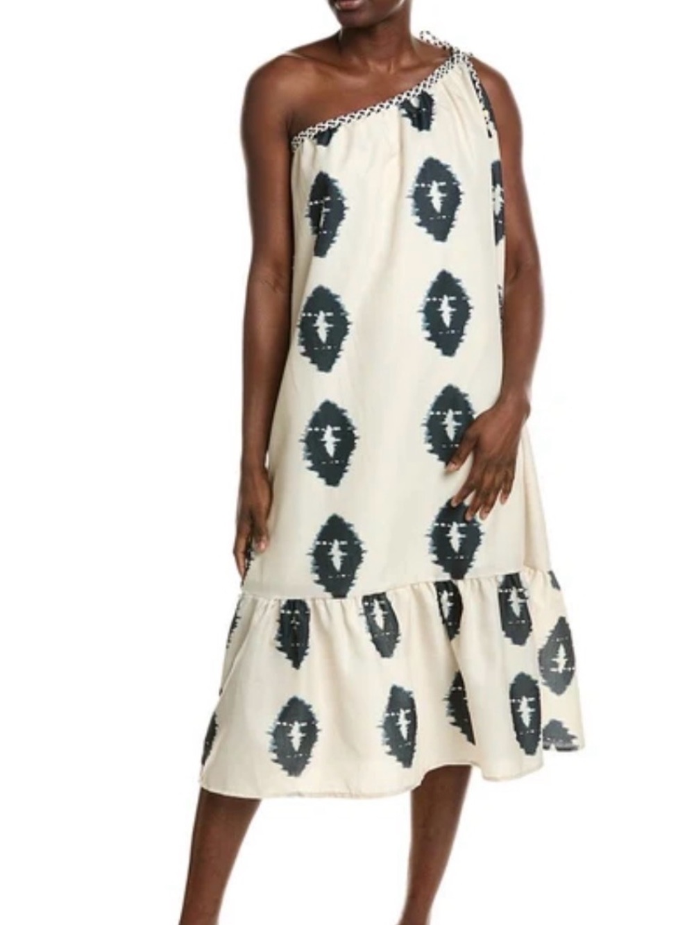 Sunday One-Shoulder Cream Dress with Black Ikat Motif